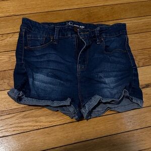 Women's Dark Blue High-Rise Denim Shorts with Rolled Hem